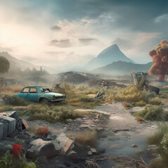 illustration of the  scars of war's destruction, nature reclaims its beauty. In a post-apocalyptic landscape, serenity emerges, offering respite from past horrors