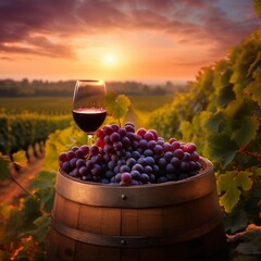 Minimalistic illustration of a Tuscan vineyard. A glass of exquisite red wine rests on an aged wooden barrel amidst the scenic vineyard rows. 