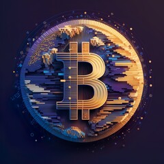 A captivating 3D depiction of a golden Bitcoin, symbolizing the digital currency revolution. Its dynamic purple and blue tones exude financial progress and innovation and influence on global economy