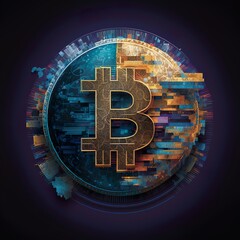 A captivating 3D depiction of a golden Bitcoin, symbolizing the digital currency revolution. Its dynamic purple and blue tones exude financial progress and innovation and influence on global economy