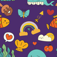 Dark purple seamless pattern with whale, rainbow, hearts, fish, kids, children wallpaper pattern.