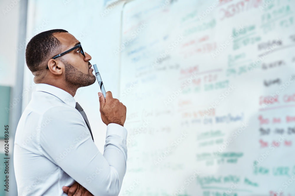 Poster thinking, planning and business man on whiteboard brainstorming, ideas and information or problem so