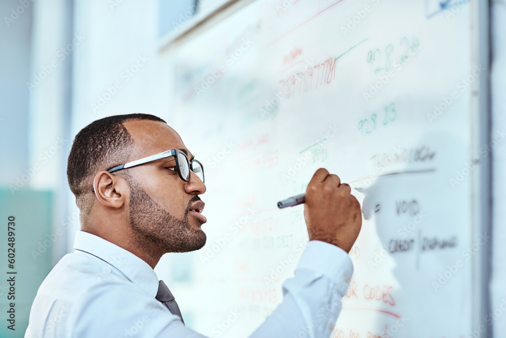 Poster business man, writing and whiteboard planning, brainstorming and workflow management or project idea