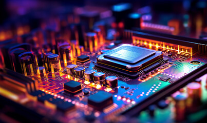 Fototapeta na wymiar Closeup of high-tech chip and circuit board in e-sport style