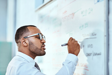 Business man, writing and whiteboard planning, brainstorming and workflow management or project...