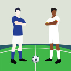 Match preview displaying two male footballers within a football field vector illustration. Italy vs Ghana.