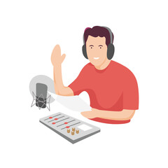 Illustration of radio announcer or broadcaster with microphone and sound mixer.