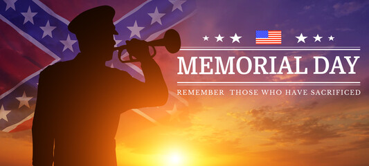 Silhouette military bugler on the background of the Confederate flag. USA holidays. 3d illustration.