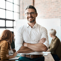 Portrait, manager and man with arms crossed, startup success and teamwork with partnership. Face, male person and employee with leadership, collaboration and meeting with happiness and profit growth - obrazy, fototapety, plakaty