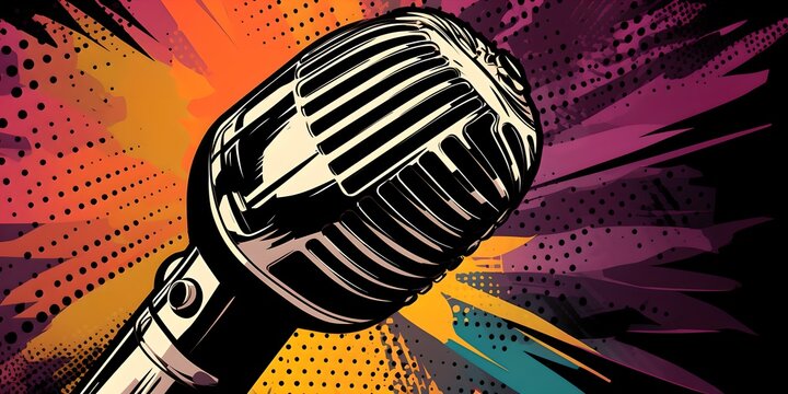 a black and white microphone on a colorful background