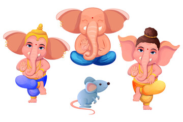 Little cute Ganesh, religious traditional god elephant blue color in cartoon character isolated on white background.