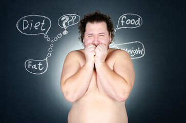 Diet, sport and healthy lifestyle. Funny fat man and fitness.