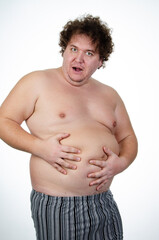 Diet, sport and healthy lifestyle. Funny fat man and proper nutrition.	