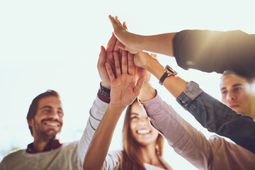 Business people, hands and high five for winning, collaboration or success in unity outdoors. Happy...