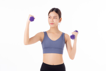Portrait beautiful young asian woman lifting dumbbell isolated on white background, female fitness workout training with holding dumbbell for muscle strong and strength, sport and health care concept.