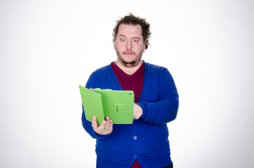 Business and work. Funny fat man posing in the studio.