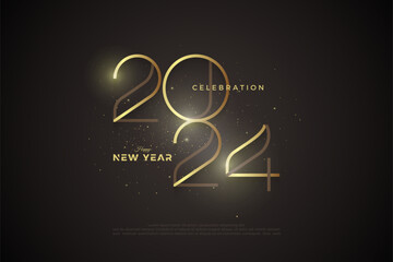 Fototapeta na wymiar Line art 2024 number design. Happy new year greeting with fancy golden thin numerals. Premium vector design for greeting and celebration of happy new year 2024.
