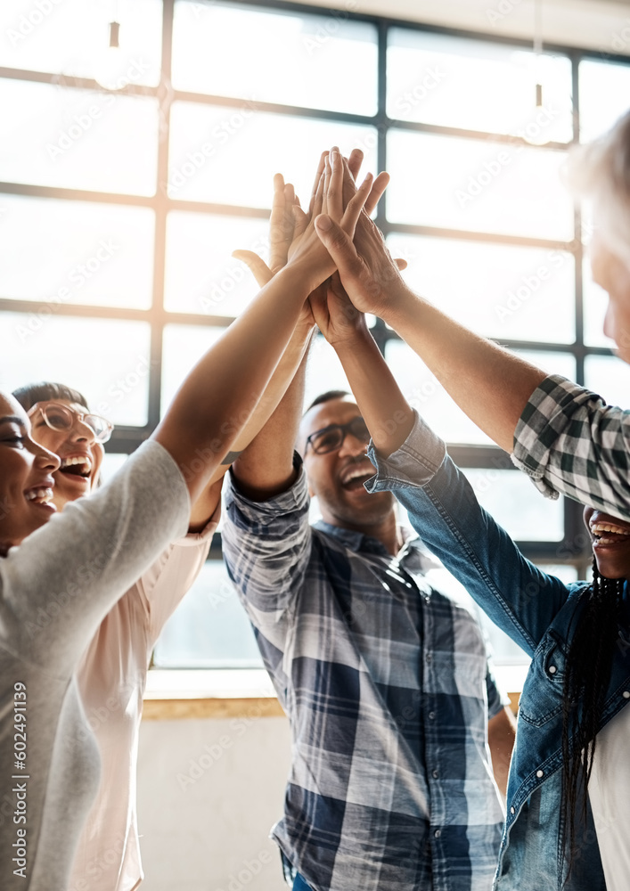 Poster Staff, high five and group with teamwork, achievement and collaboration in the office, career and creative. Team building, happiness and happy woman with man, goal and celebration with solidarity