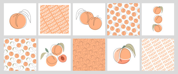 Big Set of square cards, wallpaper templates with Peach. Line Art Design with tropical fruit. Seamless pattern, quote, different collection posters. Colorful vector illustrations