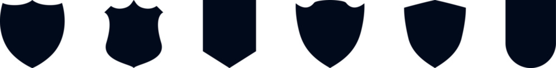 Shields set. Collection of security shield icons with contours and linear signs. Design elements for concept of safety and protection. Vector illustration