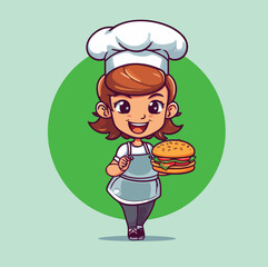Chef Cute Woman with Burger Vector Cartoon Icon Mascot Illustration