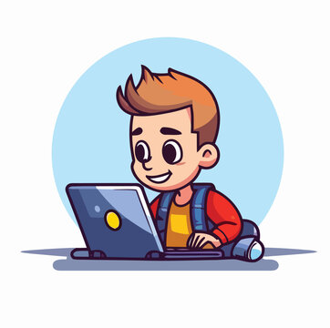 Boy Study With Laptop Vector Cartoon Icon Mascot Illustration