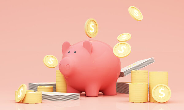 Money Piggy bank creative business concept. Realistic 3d render. Pastel pig keeps gold coins and currency. Safe finance investment. Financial services. money for real estate investments and loans