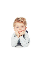 Kid, model and portrait with shirt in studio background for fashion and youth of a person with confidence. Boy, child and calm in clothes with face for children with hair and confidence for kids.