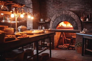 Italian restaurant kitchen interior with traditional wood fired brick oven, fresh baked pizzas on the table. Generative AI