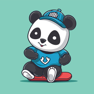 Cute Panda Playing Skateboard Vector Cartoon Icon Mascot Illustration