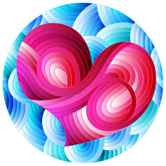Fototapeta na wymiar Illustration in stained glass style with abstract pink heart on wavy blue background, round image