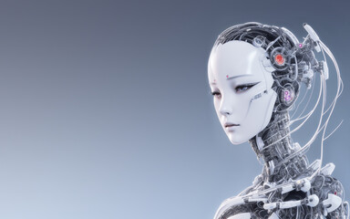 Elegant light gray banner template of hyper realistic AI robot woman android face created with generative AI technology