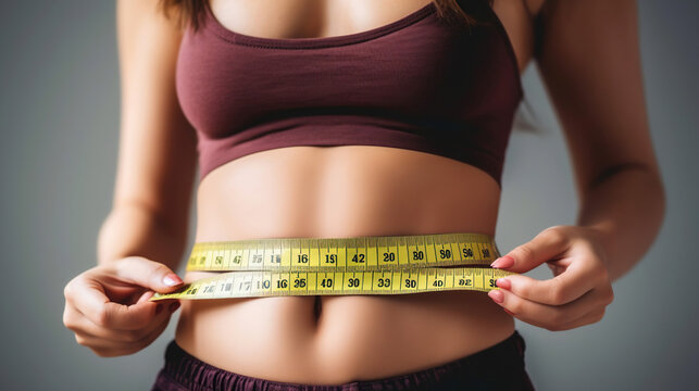 Young woman with slim body measuring her waist. Weight loss, healthy lifestyle concept. Generative Ai