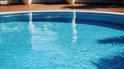 Fototapeta na wymiar Empty poolside surface with summer travel hotel swimming pool background. Generative Ai