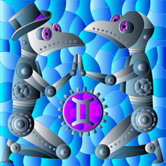 Naklejka premium Illustration in the style of a stained glass window with an illustration of the steam punk sign of the Gemini horoscope