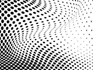 Naklejka premium The halftone texture is chaotic monochrome. Abstract black and white waves background of dots. Backdrop for the design of websites, business cards, posters