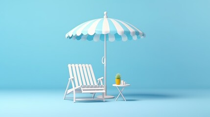 3d rendering of summer vacation concept with beach chair,umbrella and summer elements isolated on blue background,minimal style. generative ai