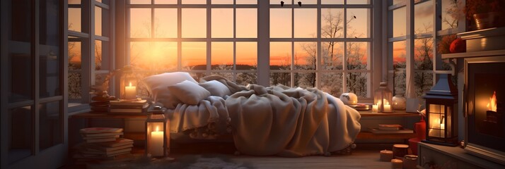 a bedroom with a bed covered in a blanket next to a window