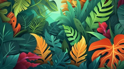 Fototapeta na wymiar Hello Summer concept design, summer panorama, abstract illustration with jungle exotic leaves, colorful design, summer background and banner generative ai