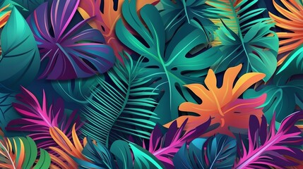 Fototapeta na wymiar Hello Summer concept design, summer panorama, abstract illustration with jungle exotic leaves, colorful design, summer background and banner generative ai