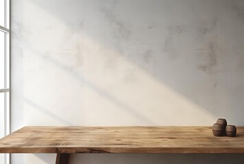 wooden top table against white wall, generative ai