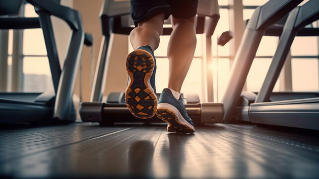 Back view of unrecognizable male legs running on treadmill in gym. Male feet jogging in fitness club. Healthy lifestyle concept. Generative Ai