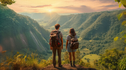 Obraz premium A couple walking down a path with a mountain in the background