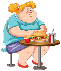 Overweight woman eating fast food on the table isolated