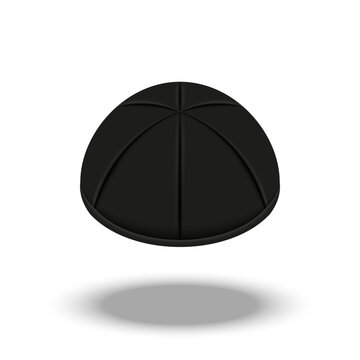 A black cloth kippah is a brimless cap traditionally worn by Jewish males isolated on white background back view, 3d realistic vector clipart, Orthodox Jewish symbol object.