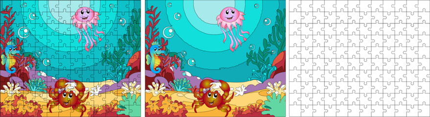 Puzzles. Seabed with crabs, jellyfish and seahorses. Cartoon. 120 pieces.