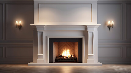 Large traditional fireplace with roaring fire. Empty mantle piece mockup shelf. Generative Ai - obrazy, fototapety, plakaty