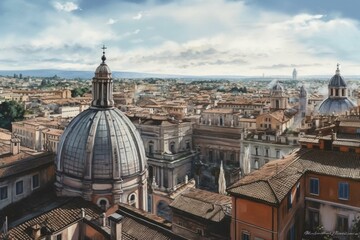Obraz na płótnie Canvas Watercolor painting of a cityscape view of Rome, Italy. Generative AI
