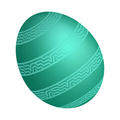 Festive holiday Easter egg. Realistic mother of pearl shiny egg decorated with green turquoise ornament. Realistic 3d vector isolated on white background