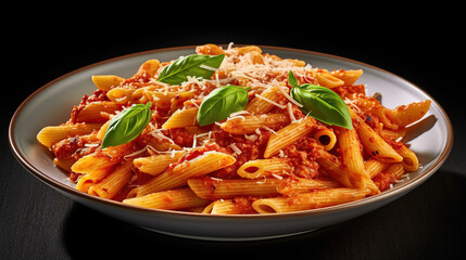 Penne pasta with tomato sauce, parmesan cheese and basil on plate. Generative Ai